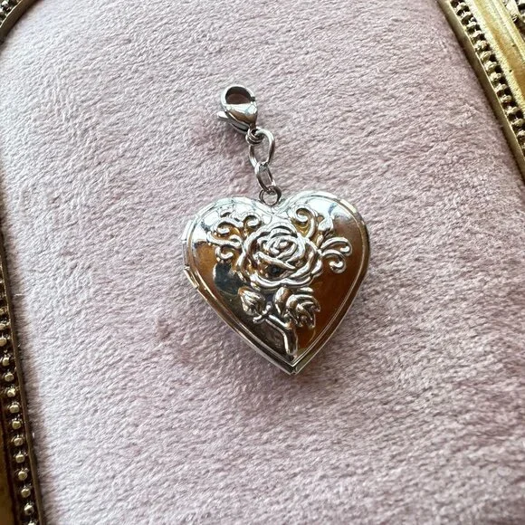 Heart Locket Charm Pendant With Floral Design In Stainless Steel Lobster Clasp - Picture 13 of 16